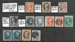 Usa 13 Classic Stamps.  High Cv $538.  00.
