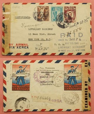 Peru Tied Patriotic Label 1945 Lima Airmail To Usa Wwii Censored