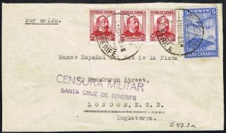 385 Spain To Uk Gb Civil War Censored Cover 1938 Tenerife - London