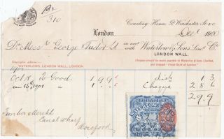 Waterlow Printer Banknotes Printing Engraver Receipt Stamp 1900 London
