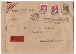 Germany Postal History 3rd Reich Reg Cover Addr Nordlingen Canc Berlin Yr 