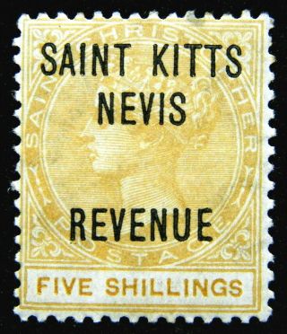 St.  Kitts Nevis Revenue Stamp 5s Queen Victoria Og H