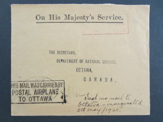 Canada Cover Carried By Postal Plane To Ottawa,  May 5,  1928 On Ohms Cover [1020