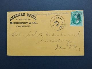 Va: Staunton 1870s American Hotel Advertising Cover H.  Ferry & V.  Branch Rpo Cds