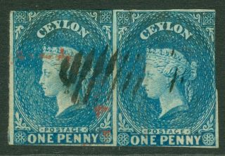 Sg 2a Ceylon 1857 - 59.  1d Blue Pair.  Very Fine