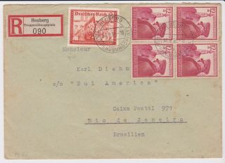 Stamps 1939 Germany Registered Envelope Heuberg To Brazil Postal History