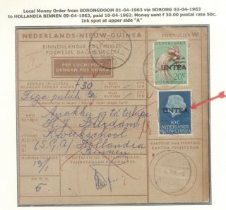 Indonesia Netherlands Guinea Untea Money Order.  Ink Spot Upper " A " Untea