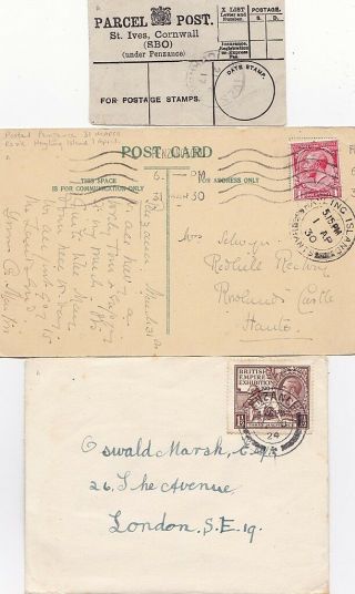 1917/30 Penzance Postal History Wembley Commem & 2 Letters Parcel Post & Ppc