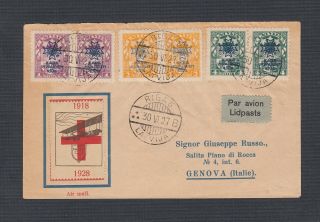 Latvia 1927 Red Cross Airmail Label Cover Riga To Genova Italy