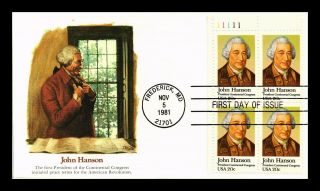 Dr Jim Stamps Us John Hanson Continental Congress First Day Cover Plate Block