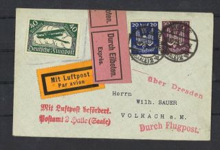 Germany 1925 Air Mail Cover Halle To Leipzig Flight Sent Special Delivery