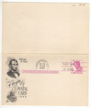 Sss: Artcraft Postal Card Fdc 1962 4c Abraham Lincoln Sc Uy18