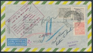 1953 Brazil To Canada Registered,  Return To Sender,  Toronto And Montreal Dlo