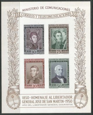 Stamps - Argentina.  1950 San Martin Death Centenary M/sheet.  Sg: Ms819a.  Mnh.
