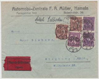 Germany Dr 1922 (29.  5. ) Commerc.  Express Cov.  Franking Hameln To Siegburg (corr.  Rate)