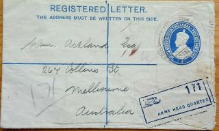 India 1919 Registered Postal Stationery Cover With Army Head Quarters Reg Label