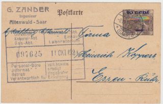 Germany Saar 1921 (8.  10. ) P.  St.  Card P 11 Pm " Burbach " To Essen