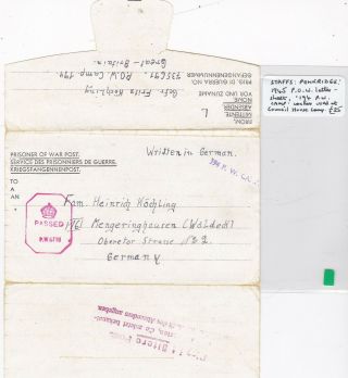 1945 Gb Pow Camp 194 Council Houses Penkridge Staffordshire Lettersheet Germany