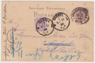 Germ.  Dr 1884 P.  St.  Card P 12 Sondershausen To Kassel (resent,  Refranked) To Leipzig