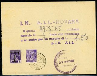 Italy Postal History Lot 739 1945 1.  50l Card " T " Ovpt Novara (local) $$$