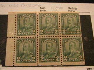 Canada 150a Mng Booklet Pane Of 6 With Selvege,  2 Cent Green Kg V Scroll Issue