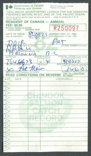 Canada Revenue B.  C.  1982 Resident Sportfishing Licence