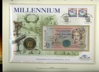 2000 Guernsey Post Office Millenium £5 Coin And £5 Banknote Cover