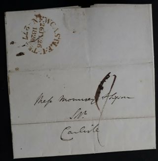 Rare 1826 Great Britain Folded Letter Sent From Newcastle With Mileage Cancel 27