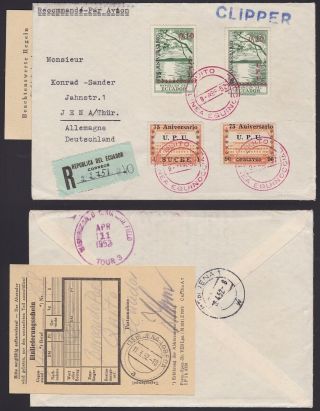 Ecuador 1952 Upu Stamps On Registered Airmail Special Flight To Germany.  A5741