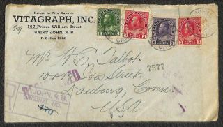 Canada 107 109 (x2) & 112 Stamps Vitagraph St.  John To Usa Registered Cover 1925