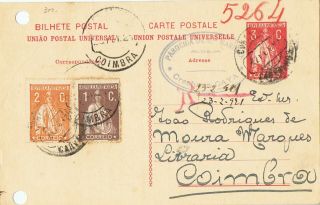 Portugal - 1924 Inteiro Postal 3 C.  Ceres,  2 C. ,  1 C.  Ceres.  Carvalhos To Coimbra