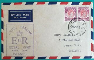 1954 Malaya Singapore Kg6 Airmail Cocos Island Cover To Gb