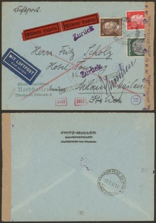 Germany Wwii 1942 Express Air Mail Cover Munich To Italy & Return - Censor 30508