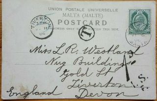 Malta 1906 Underpaid Picture Post Card To England With Tiverton Arrival & Charge