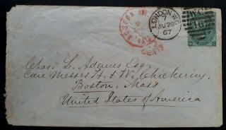 Very Rare 1867 Great Britain Cover Ties 1/ - Qv Stamp Taxed 5c To Usa
