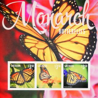 Grenada 2014 Mnh Monarch Butterflies 3v M/s I Insects Butterfly Danaus Plexippus