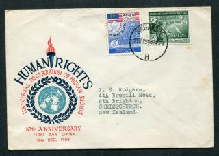 31.  8.  1958 Malaysia Malaya Human Right Set Stamps On Fdc Singapore To Zealand