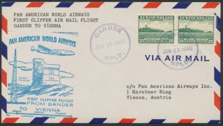 1946 Newfoundland To Vienna Austria Flight Cover,  Aamc Ff - 64b,  Pan - Am World Air