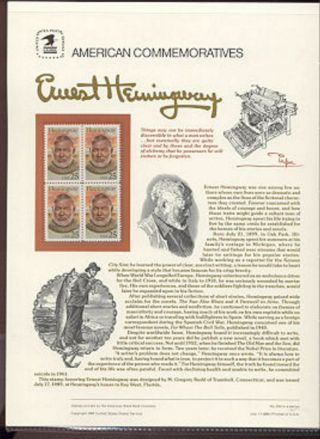 2418 25c Ernest Hemingway Usps 334 Commemorative Stamp Panel