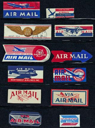 Airmail Stickers - Vintage - Packet Of 12 - All Different - B9082
