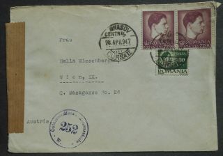 Romania 1947 Cover From Bras To Austria Censor Mark 252 Multiple Stamps Franking