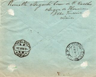 Portuguese Colonies Acores (Azores) 1924 registered cover from Angra to Trieste 2