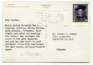 Dh - Spain 1962 Dear Doctor Squibb Medicine - Postcard To Canada
