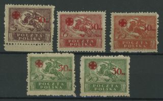 Poland 1921 Red Cross Set Incl.  The 20m Green With Carmine Overprint,  All Mnh