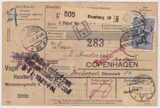 Germany Dr 1921 (27.  10. ) Cpl.  Parcel Card Franking Hamburg To Denmark