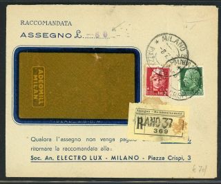 Italy Postal History Lot 764 1935 Reg Perfin Window Envelope Milano $$$