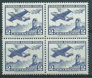Chile 1960 Airmail Airplane Sc.  C236 2c Blue Block Of 4 Mnh Moai Easter Island