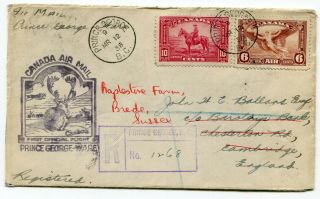 Canada Bc Prince George 1938 Airmail Ffc Cover To Ware - 10c Rcmp 1935 Registered