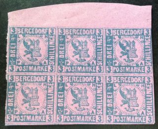 Bergedorf 1861 Block Of 6 3 Schilling Blue On Red Stamps Mnh