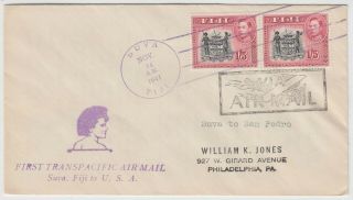 Fiji 1941 1st Trans - Pacific Air Mail Official Ffc Suva - San Pedro Usa